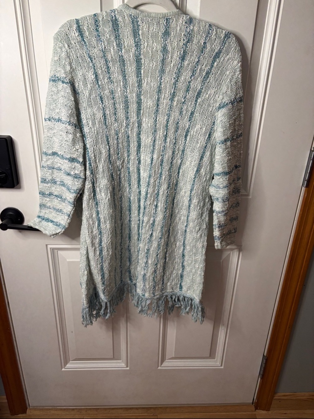 EUC Christopher & Banks Light Blue and White Striped Fringe Open-Front Cardigan - Picture 5 of 6